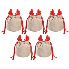 Set Of 5 Christmas Velvet Drawstring Gift Bags With Reindeer Antler Design. Suitable For Organizing Jewelry Or Candy. Santa Gift Bags, Perfect Fo (Option: Red antlers)